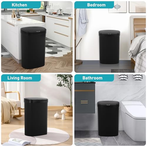 13 Gallon Automatic Kitchen Trash Can with Lid, Touchless Motion Sensor Garbage Can - Hygienic, Odor Control, Waterproof Waste Bin for Kitchen Bathroom Bedroom Office (50L), PP Plastic, Black - color: Black
