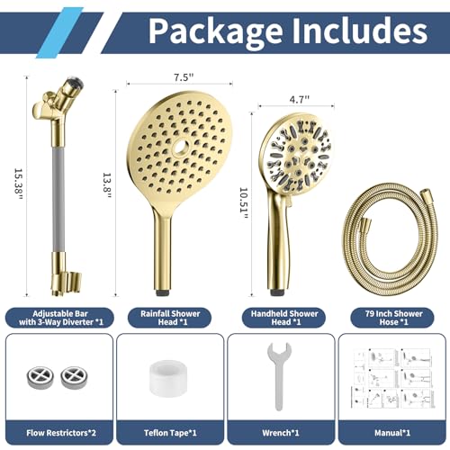 High Pressure Dual Shower Head with Handheld Spray Combo | 9 Spray Modes Handheld Showerhead, Double Rainfall Structure, Waterfall Shower Equipped with 79-Inch Hose, Brushed Gold - color: Brushed Gold