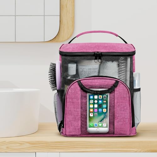 Attmu Portable Shower Caddy College Tote Bag, Quick Dry Hanging Toiletry Bag, Large Capacity Mesh Shower Caddy Portable for College Dorm Room Essentials for Boys and Girls for Bath Camping (Pink) | Quick Dry, Large Capacity Haning Shower Bag for College D