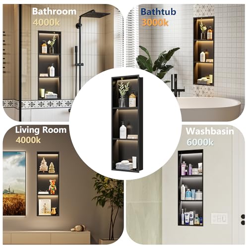 Matte Black 3-Tier 3CCT LED Niche, 12"x36" No-Tile Shower Storage | shower niche with 3-Temperature LED Strip Light (4000K/6000K/3000K),Waterproof, Sturdy&Durable,304 Stainless Steel Wall Niche - color: Matte Black, size: 12X36In