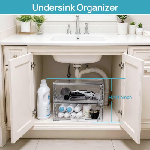 Vtopmart 2 Pack Large Clear Stackable Storage Drawers for Closet, Pantry | Easily Assemble Bathroom Undersink Organizers,Plastic Storage Bins for Cabinet,Kitchen Pantry Organization