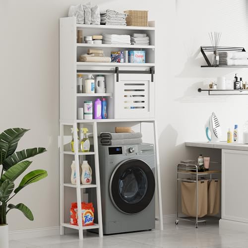 Over the Toilet Storage Cabinet, Bathroom Storage Cabinet Over Toilet with Sliding Doors, Freestanding Bathroom Cabinets Space Saver W/Adjustable Shelf, White