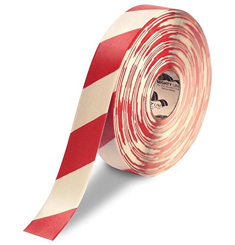 Mighty Line Diagonal Chevron Floor Marking Tape, 2 in White and Red | 100 ft Roll, for Workplace Safety, Caution, Warning, Hazard, Industrial Quality, Peel and Stick Adhesive Application - size: 2 inch, style: White With Red Chevrons