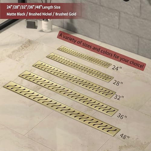 Linear Shower Drain, 24 inch Brushed Gold | Including Hair Catcher and Removable Grate, 304 Stainless Steel, Easy to Install and Clean (Drain Base Not Included) - color: Brushed Gold, size: 24 inch