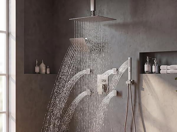 Shower System with Body Jets, Bostingner Four Modes Shower Faucet Sets with Handheld Spray 2 Ways, 4Pcs Shower Body Jets in Wall,10"+6" Rain Shower Head,Brushed Nickel Shower Sets Complete - color: Brushed Nickel, size: 6+10 inch
