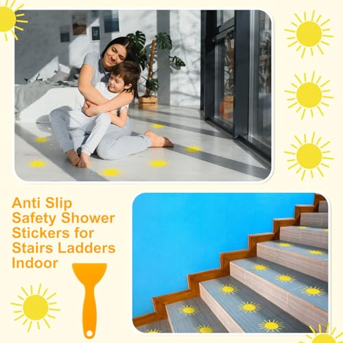 24 Pcs Sun Non Slip Bathtub Stickers Shower Stickers Cute Yellow Sun Bath Tub Decals with Scraper, Anti Slip Safety Shower Treads for Bathroom, Stairs, Pool Steps