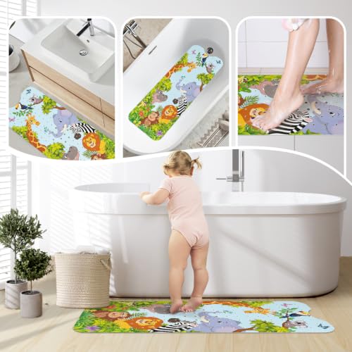 SHUCHING Baby Bath Mat for Tub Non Slip-40x16 Inch, Safari Animal | Bathtub Mat for Kids & Toddler Mold Free, Long Shower Mat for Inside Shower with Suction Cup, Machine Washable - color: Jungle Animal