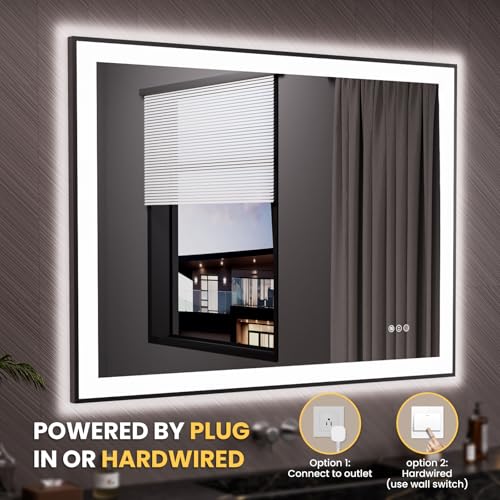 LOAAO 48"X36" LED Bathroom Mirror Black Framed | Anti-Fog, Dimmable, Memory Function, Tempered Glass, Lighted Vanity Mirror for Wall - size: 48"L x 36"W