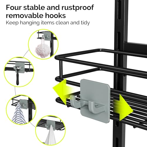 Orimade Over The Door Shower Caddy Adjustable 4 Tier Black,Bathroom Hanging Organizer Shelf Rustproof with 4 Hooks,Shower Basket with Soap Holder and Suction Cup - color: Black-4T