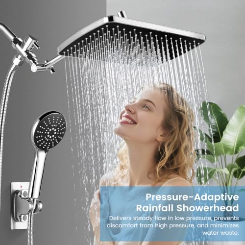 Shower Head with Handheld,High Pressure Chrome Rain Shower Head | Regaderas Para Shower,11.8" Rectangular,Rainfall Shower Head,Dual Shower Head,Bathroom Decor,Extension Arm,5 Spray Mode - color: A-Chrome, style: Rectangular 12"