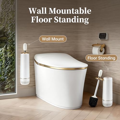 Toilet Brush and Holder Set,Toilet Bowl Brush with Long Handle, High-End Modern Silicone Toilet Brush Set, Non-Scratch Hygienic, Odor-Free Design (Matte White + Gold, B) - color: Matte White + Gold