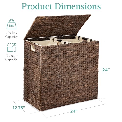 Best Choice Products Large Double Laundry Hamper with Lid, Natural Handwoven Water Hyacinth, 2 Sections w/ 2 Machine Washable Linen Liner Bags, Portable, Handles - Espresso - color: Espresso