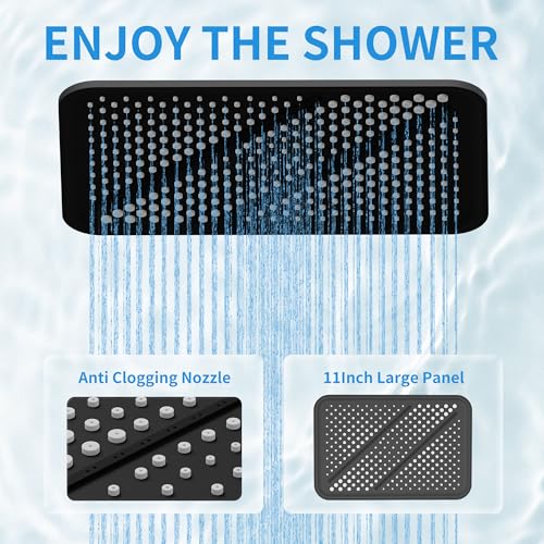 RFOUO 11 Inch Wide Rain Shower Head with Handheld, Matte Black | High Pressure Rainfall, Dual Shower Head Combo with Adjustable Arm, 3-Mode Detachable Handheld Spray,with 59 Inch Hose - color: Matte Black