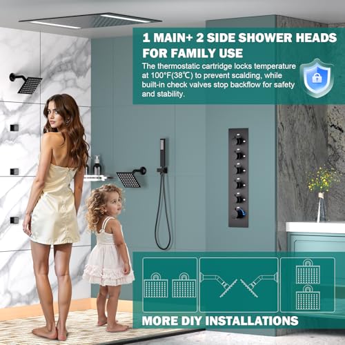 HOMEDEC Multi-Function Shower System with LED 14x20inch and Dual 6" Shower Heads, 5 Way Thermostatic Diverter Valve Shower Faucet Set, Black - color: Black, style: 5-Way + 2x 6" Top