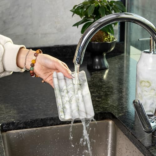 2 Pcs Soap Holder for Bathroom, Marble Soap Dish for Kitchen Countertop, Tray with Creative Wavy Design, Soap Saver for Bath Tub, Sponges, Italian Natural Stone(Bianco Palomino) - color: Bianco Palomino