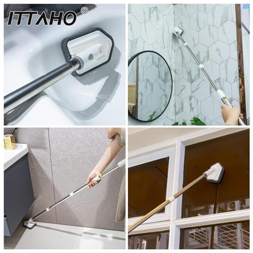 Shower Tile Tub Scrubber Brush with 4 Cleaning Heads,Floor Scrub Brush with 56''Long Handle, Shower Cleaner Brush & Grout Cleaner Brush Set for Shower,Tile, Tub, Bathroom,Kitchen,Walls,Sink
