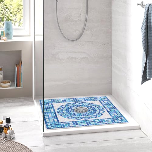 Square Shower Mat Non Slip: 24 x 24 Inch Soft Loofah Shower Stall Mat with Center Drain Hole - Secure Stand Up Shower Grip Pad for Inside Shower - color: Blue Mosaic, size: 24" x 24" (Square)