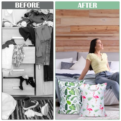 2 Pcs Large Travel Laundry Bags - Waterproof with Handle, Washable Dirty Clothes Bags for Travel, Wet/Dry Bag for Gym, Swimming Pool, College Dorm - color: Green Leaf +Flamingo