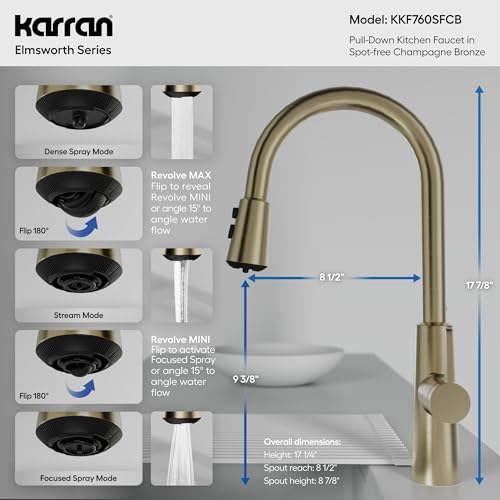 Karran Elmsworth Commercial Style Pull-Down Kitchen Faucet with Dual Interchangeable Spray Heads 5-Function Revolve MAX & 3-Function Revolve Mini Aerator High-Arc Spout (Spot Free Champagne Bronze) - color: Spot Free Champagne Bronze