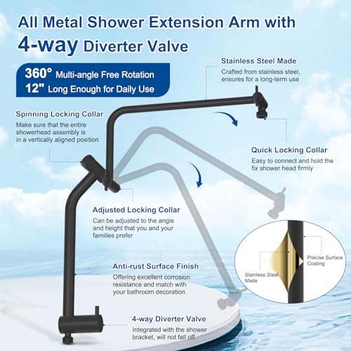 Metal 12" Rain Showerhead with 10-Spray Handheld, Easy Reach 4-way Diverter | Matte Black Finish, Upgraded High Pressure Shower Head with Pause Mode, 71" Stainless Steel Hose/12" Extension Arm - color: Matte Black, style: Square 12"