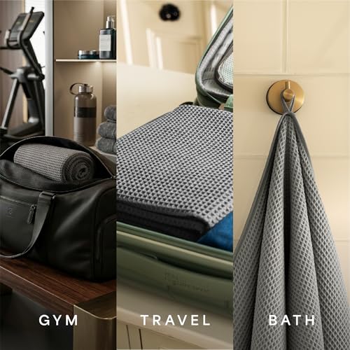 S&T INC. Aura Waffle Bath Towels, 4 Pack, 30" x 60", Grey | Quick-Dry, 420GSM, Absorbent Microfiber, Lightweight, Sewn-In Hang Loop, Compact for Home, Gym, and Travel - color: Grey