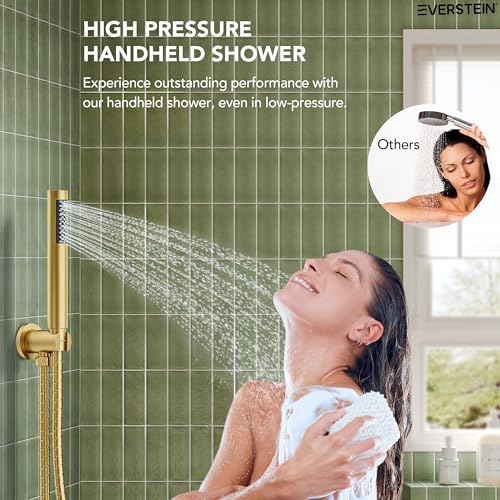 10" High-Pressure Rainfall Shower System with Handheld Spray, Wall Mount Bathroom Shower Faucet Set with Tub Spout, Brushed Gold (Valve Included) - color: Brushed Gold, style: With Tub Spout