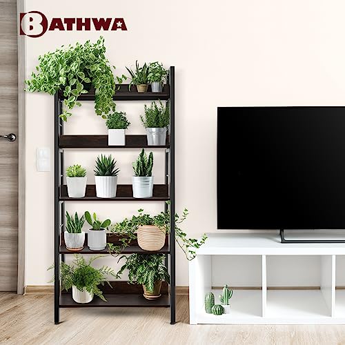 BATHWA 5 Tier Book Shelf, Rustic Industrial Ladder Bookshelf Wood Metal, Dark Brown Farmhouse 28'' Wide 59''Tall Ladder Shelf Living Room, Bedroom, Home Office - color: Espresso, size: 1pack-59"H x 27.7"W x 13.8"D