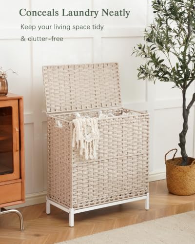 SETVSON Laundry Hamper with Lid,Clothes Hamper with Lid,132 L, Light Khaki | 35 Gallons, Handwoven Rattan Laundry Hamper, Metal Heightened Feet, 3 Removable Liner Bags for Laundry - color: Light Khaki, size: 132 L - 35 gal