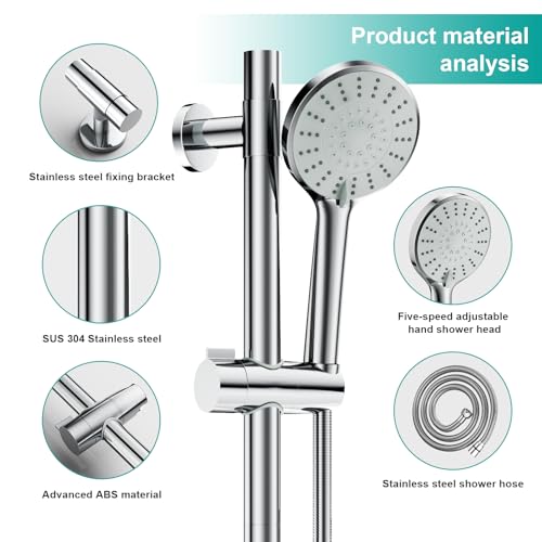 Shower Slide Bar Handheld Shower Head with Hose, 5-Function Hand Shower with Wall Mount,shower slide bar,adjustable height shower head (A-round, Chrome) - color: Chrome