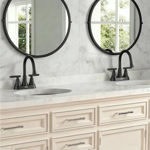 Centerset Bathroom Faucet with Pull Out Sprayer, 4 Inch 2 Handle Sink Faucet with Pop Up Drain, Stainless Steel Vanity Faucet with 2 Supply Hoses, Matte Black - color: Matte Black, size: 4 IN