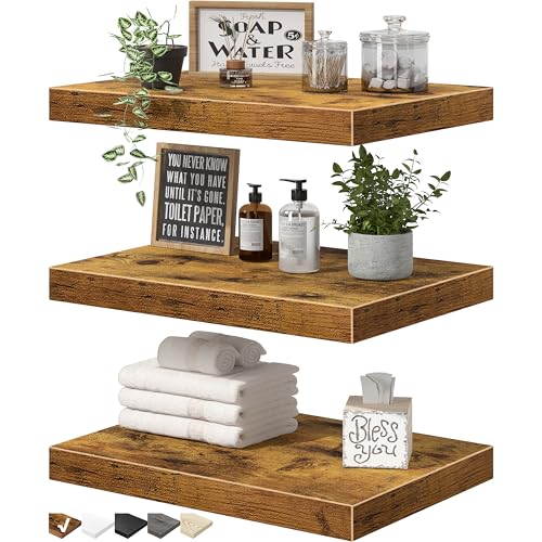 QEEIG 10" Deep Floating Shelves for Wall - 10 x 16 inch Book Shelf Bathroom Bedroom Kitchen Living Room Hanging Bookshelf Farmhouse Set of 3, Rustic Brown (025-40BN3) - color: A. Brown, size: 15.7" x 10"