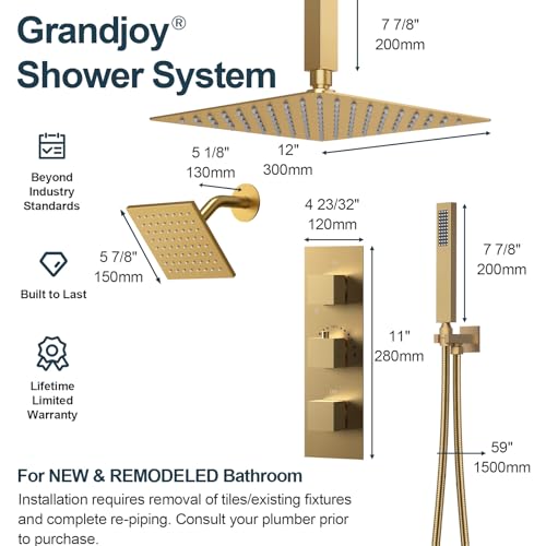 3-Function Thermostatic Shower System with Dual Rainfall Heads, Handheld Sprayer Brushed Gold - color: Brushed Gold