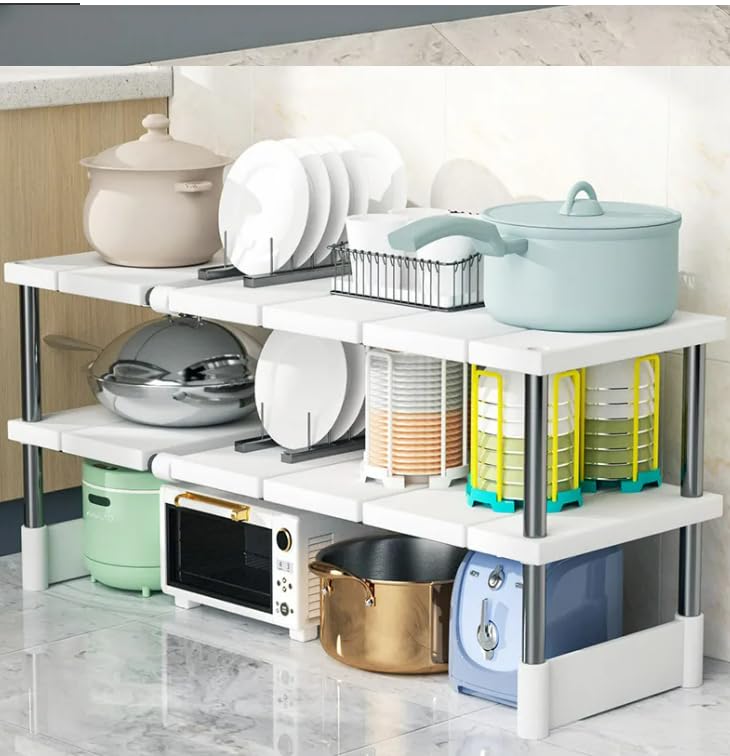 Adjustable Under Sink Storage Rack, Expandable Kitchen and Bathroom Organizer Shelf, Multi-Tier Space Saving Storage for Pots, Dishes, Appliances and Essentials (Stainless Steel Double Layer)