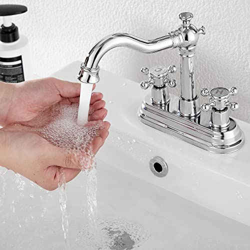 Chrome Bathroom Faucet GGStudy 2 Handles 4 Inches Centerset Bathroom Vanity with Drain Assembly and Supply Hose Lavatory Faucet Mixer Double Handle Tap - color: Polished Chrome, style: Metal Cover