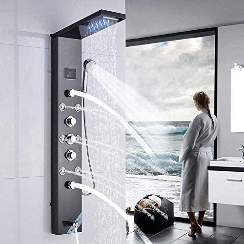 FUZ Contemporary Shower Panel Tower System Stainless Steel 6-Function Faucet LED Rainfall Waterfall Shower Head + Handheld Sprayer + Rain Massage Body Jets + Tub Spout, Black. - color: Black, style: 8009-B