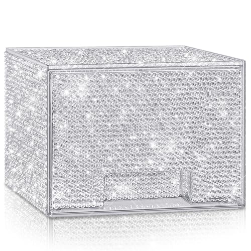 Bling Stackable Cosmetic Organizer with Silver Rhinestones, Glitter Acrylic Drawer, Shiny Plastic Organizer for Dresser, Vanity,Pantry, Home Organization and Storage
