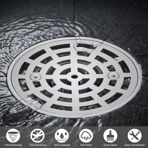 Lounsweer 2 Pack 4-1/4 Inch Round Shower Drain Brushed Nickel | Sus304 Stainless Steel with Removable Grid Grate Covers Adjustable PVC Base Flange for Bathroom Floor