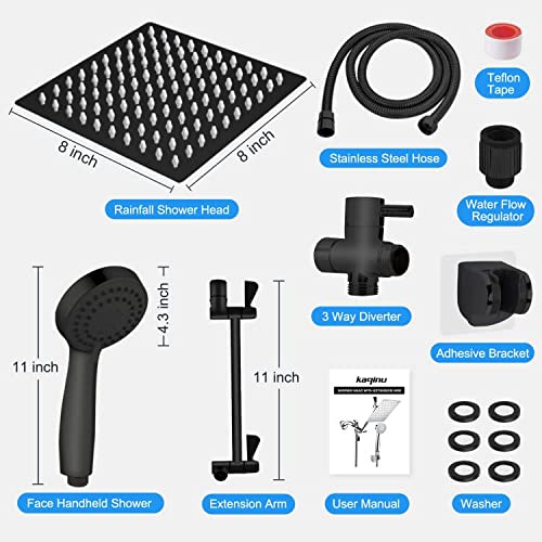 Shower Head, Kaqinu 8'' High Pressure Rainfall Shower Head/Handheld Showerhead Combo with 11” Extension Arm, Anti-leak Shower Head with Holder/Hose, Flow Regulator - Matt Black - color: Matt Black, size: 8 Inch