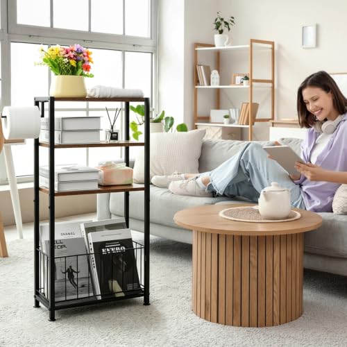 Freestanding Toilet Paper Holder with Storage Wood Shelf Adjustable Feet | Bathroom Toilet Paper Stand Holder with Extra Roll Storage Basket Narrow Side Tissue Holder For Bathroom Laundry Room