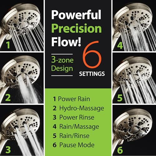 AquaDance High Pressure 6-Setting Full Brushed Nickel Handheld Shower Head with Stainless Steel Hose. Officially Independently Tested to Meet Strict US Quality & Performance Standards! | Anti-clog Jets, Premium Stainless Steel Hose & Adjustable Bracket fo