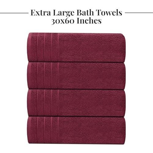 4 Piece Extra Large Bath Towels 30 x 60 Inches, Burgundy | 100% Cotton, Larger & Lighter Weight, Quicker to Dry, Super Soft and Absorbent, Perfect for Bathroom - color: Burgundy