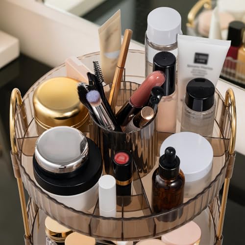 360 Rotating Makeup Organizer, 3 Tier Vanity Counter Storage (Gold) | Clear Acrylic-Like Trays with Gold Frame, 360° Spinning, for Vanity, Bathroom, Perfume, Cosmetics, Skincare - color: New-GOLD2