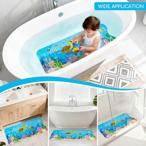 Baby Bath Mat for Tub, Non Slip Kids Bath Shower Mat, Turtle | 40 X 16 Inch Large Bathtub Mat with Drain Holes and Suction Cups for Toddlers · Machine Washable and Waterproof - color: Turtle