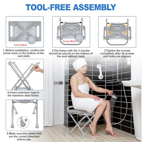 Folding Shower Chair Seat, 17.5" Stainless Steel Small Shower Chair for Inside Shower with Pad, 400lbs Portable Travel Shower Stool, Safety Anti-Slip Bath Chair for Seniors, Disabled, Gray