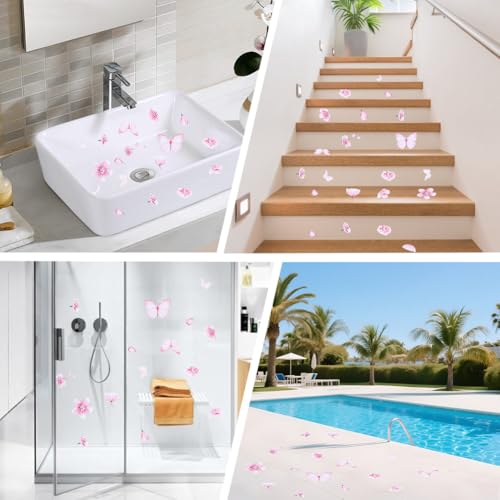 6 Sheets Bathtub Stickers Non Slip Butterfly Shower Stickers with Premium Scraper PVC Plastic Pink Flower Safety Adhesive Decals Appliques Floor Grips for Bathroom Bath Tub Pools Stairs Adult - style: Flower