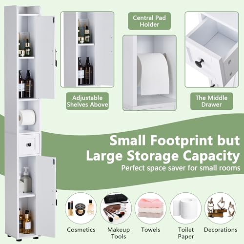 VECELO Narrow Bathroom Storage Cabinet with Adjustable Shelves, 67" Tall Freestanding Cabinet with Toilet Paper Holder, Slim Tower Cabinet with Two Magnetic Doors & Drawer, for Small Spaces, White - color: Cabin Top