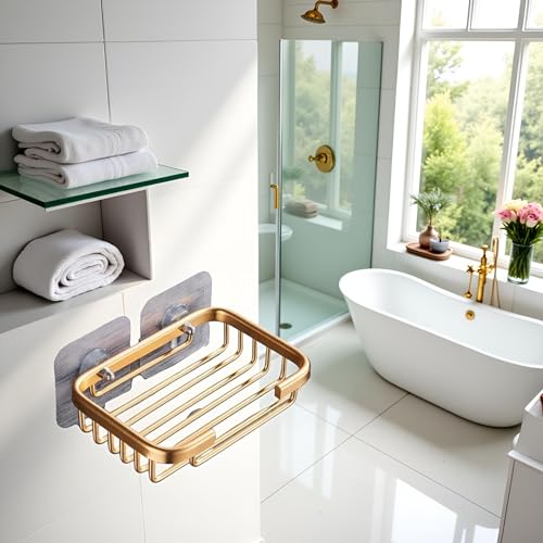 Gold Bar Soap Holder for Shower Wall,Stainless Steel Adhesive Soap Dish for Bathroom,Drill Free Soap Holder Storage Rack Soap Dishes Bathroom Accessories Holders and Dispensers