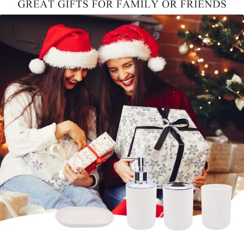 LGURT 4-Pc White Bath Accessories Set — Dispenser, Holder, Cup & Dish | Matte Plastic, Bathroom Vanity, Counter Organizer, Soap Dish & Rinse Cup, Gift - color: White