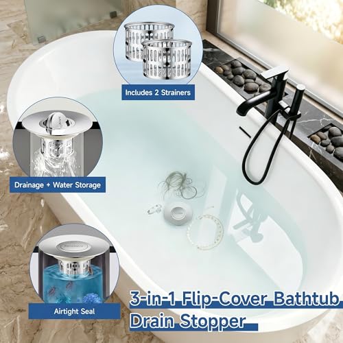 4 in 1 Flip-Cover Bathtub Drain Stopper 1.4"-2.6"(1,Silver) | Flush-fit tool-free drain hair catcher, no springs, rustproof. Press to seal/drain, stops puddles. Durable - color: Flip Silver