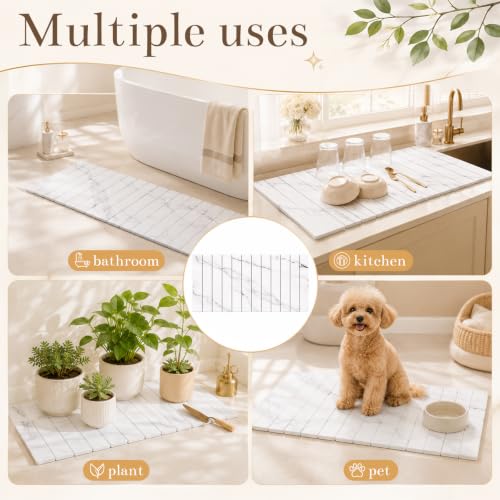 32"×16" Large Stone Dish Drying Mat for Kitchen Counter, White | Long Foldable Diatomaceous Earth Bath Mat, Super Absorbent Quick Drying Mat for Kitchen, White Marble